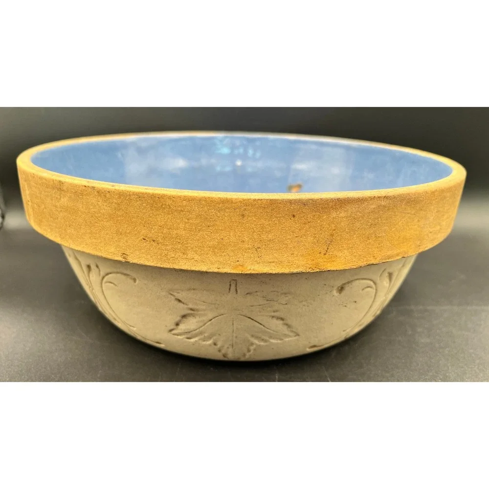 Antique Star Fire Clay Blue Glaze Stoneware Bowl Star Leaf Fleur De Lis Embossed